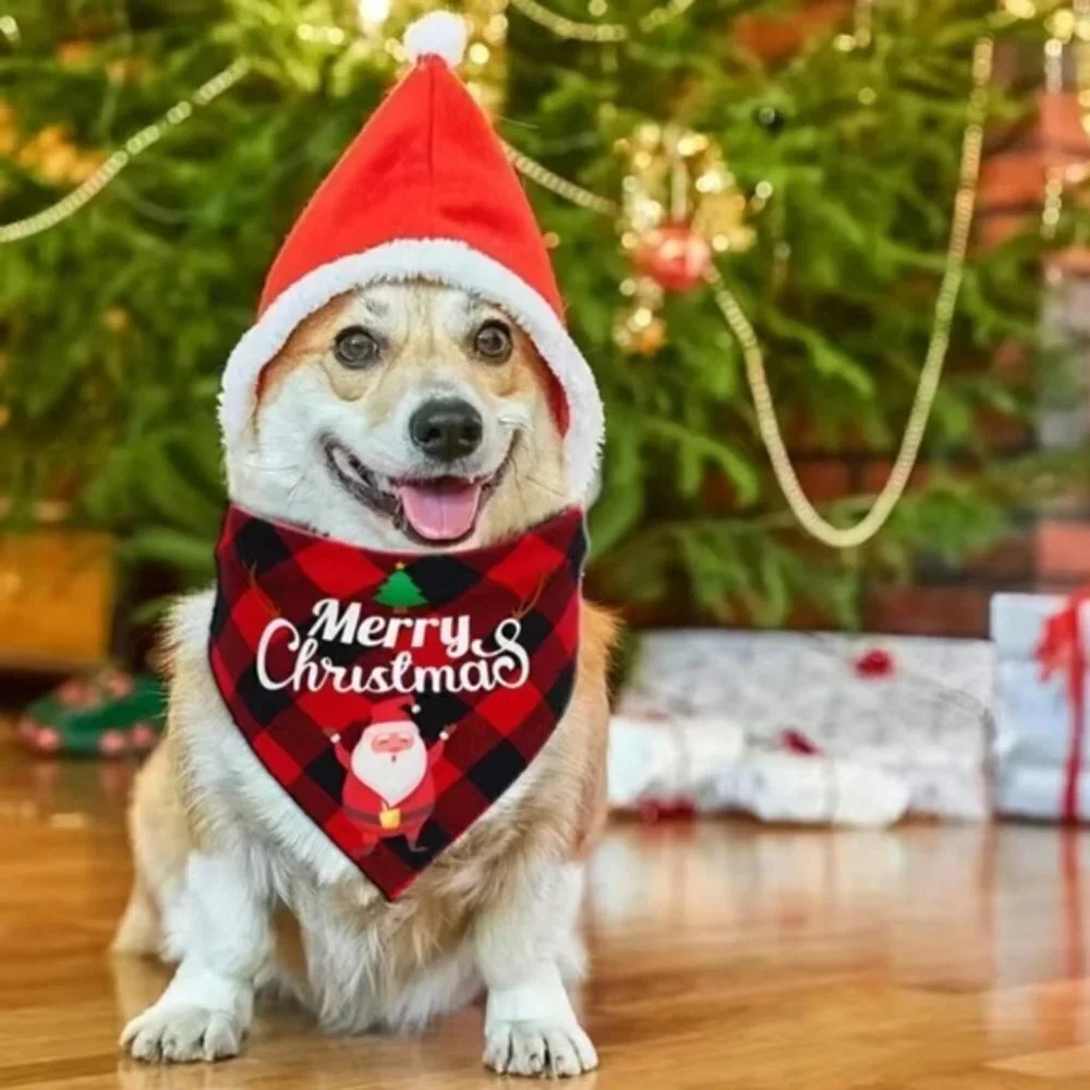 Christmas Dog Bandannas Tartan Plaid Merry Christmas Tie On 19” OS 2 PC Set